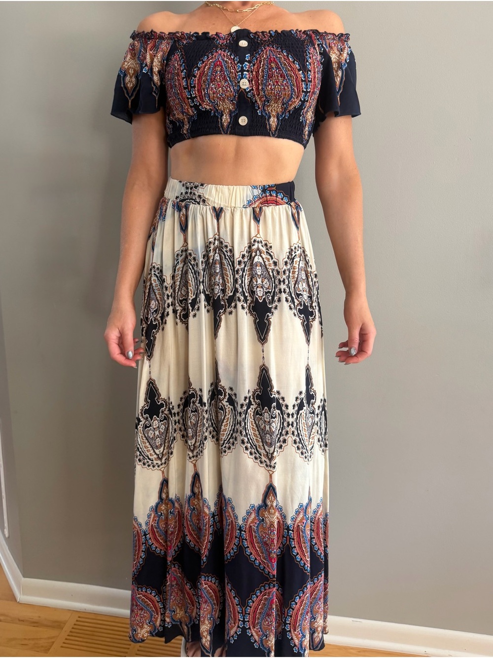 Bohemian Print Maxi Skirt and Cropped Shirt